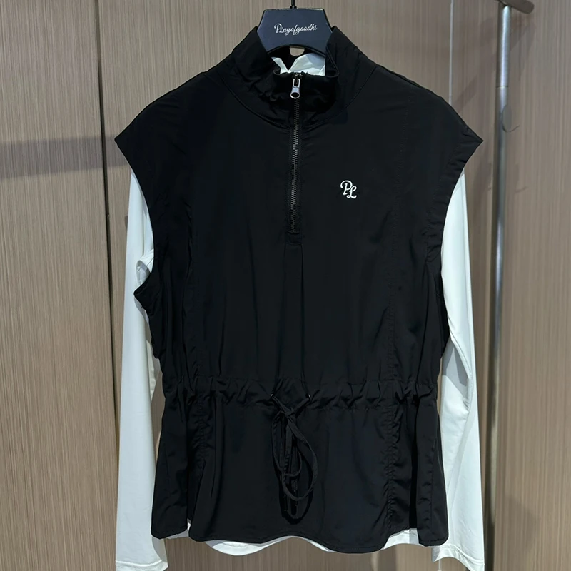 PL New Golf Clothes Women's Sleevelees Vest Windproof Golf Vest Jackets  Stand-Up Collar Zipper Adjustable Waist Tops Coat