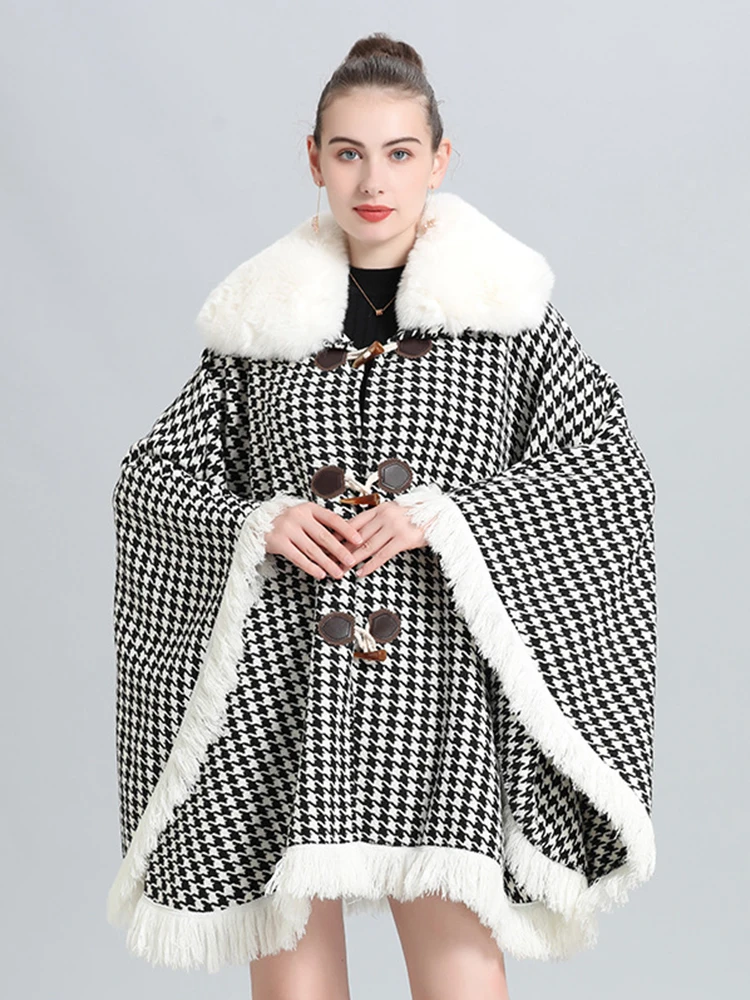 Fashion Knitted Elegant Women Winter Ladies Vintage Faux Fur Collar Houndstooth Cardigan Poncho Loose Coat Capa Para Mujer Shawl