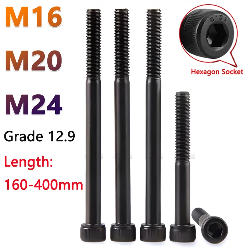 Ultra Long M16 M20 M24 Black Hexagon Hex Socket Head Cap Allen Bolt Screw Length 160-400mm Half Thread Carbon Steel Grade 12.9
