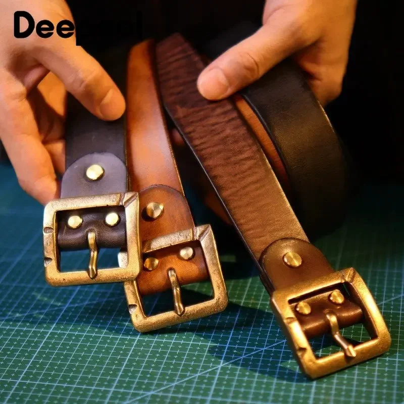 

Deepeel 3.8*110-125cm Vintage Men's Belt Casual Pure Brass Buckle First Layer Cowhide Fashion Belts Male Designer Waistband