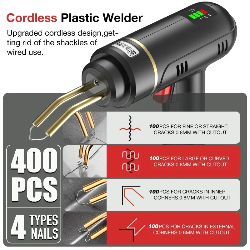 200W Cordless Plastic WeldeGun R Plastic Welding Kit 400PCS Hot Stapler USB Rechargeable Bumper Repair Kit for Most Plastic