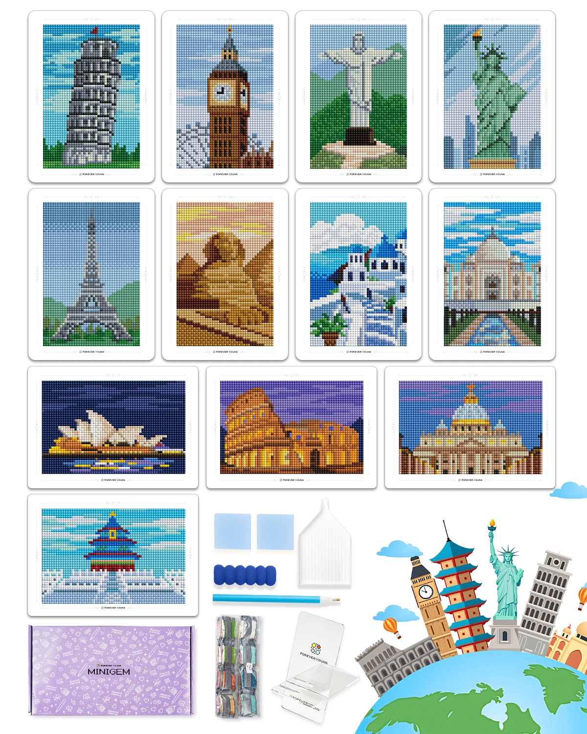 

Минигем ® Набор для алмазной вышивки 5D DIY - 12 открыток с мировыми достопримечательностями, полный комплект квадратных полимерных алмазов 12,7x17,8 см, легко для освоения новичками