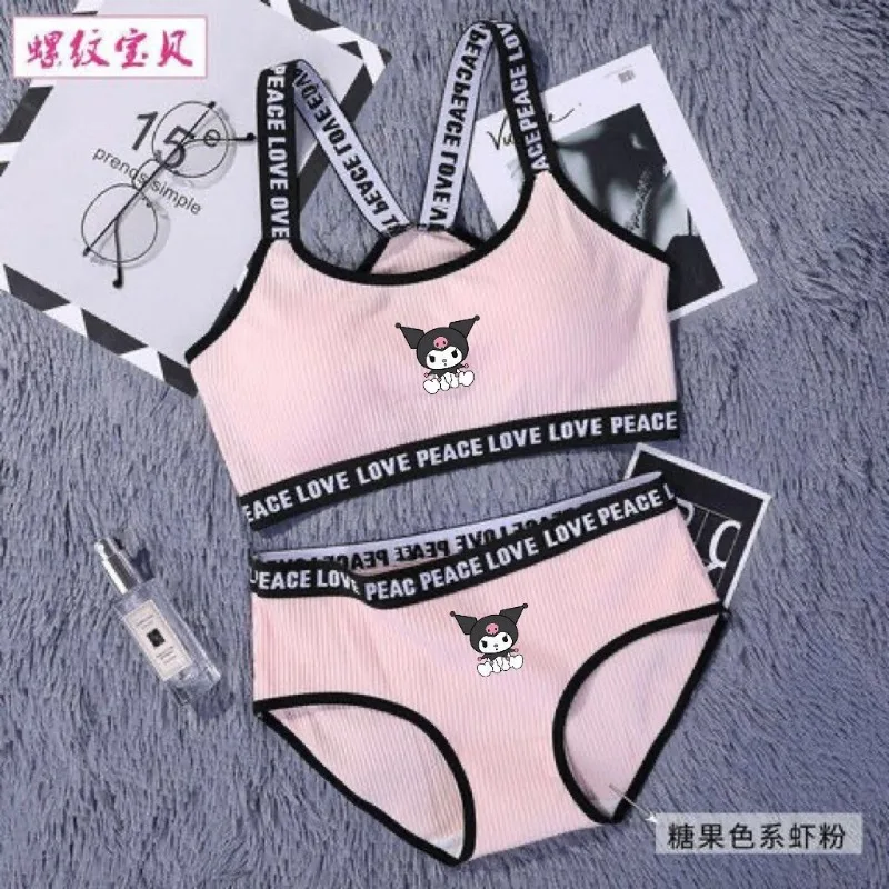 Sanrio Kuromi Underwear Cute Girls\' Bra Cotton No Steel Ring Letter Shoulder Strap Bra Set Beautiful Back Sports Underwear Set