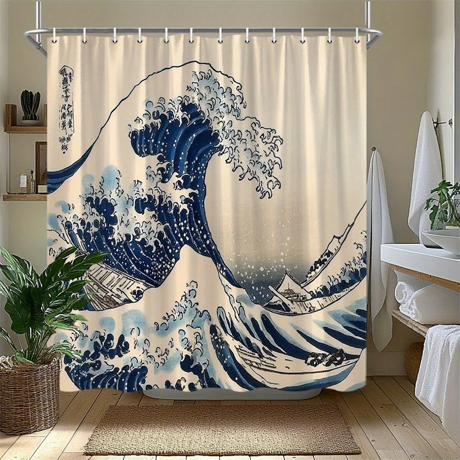 

kanagawa wave ukiyo e shower curtain blue waves white capped temple japanese art decor machine washable polyester with 12 hooks