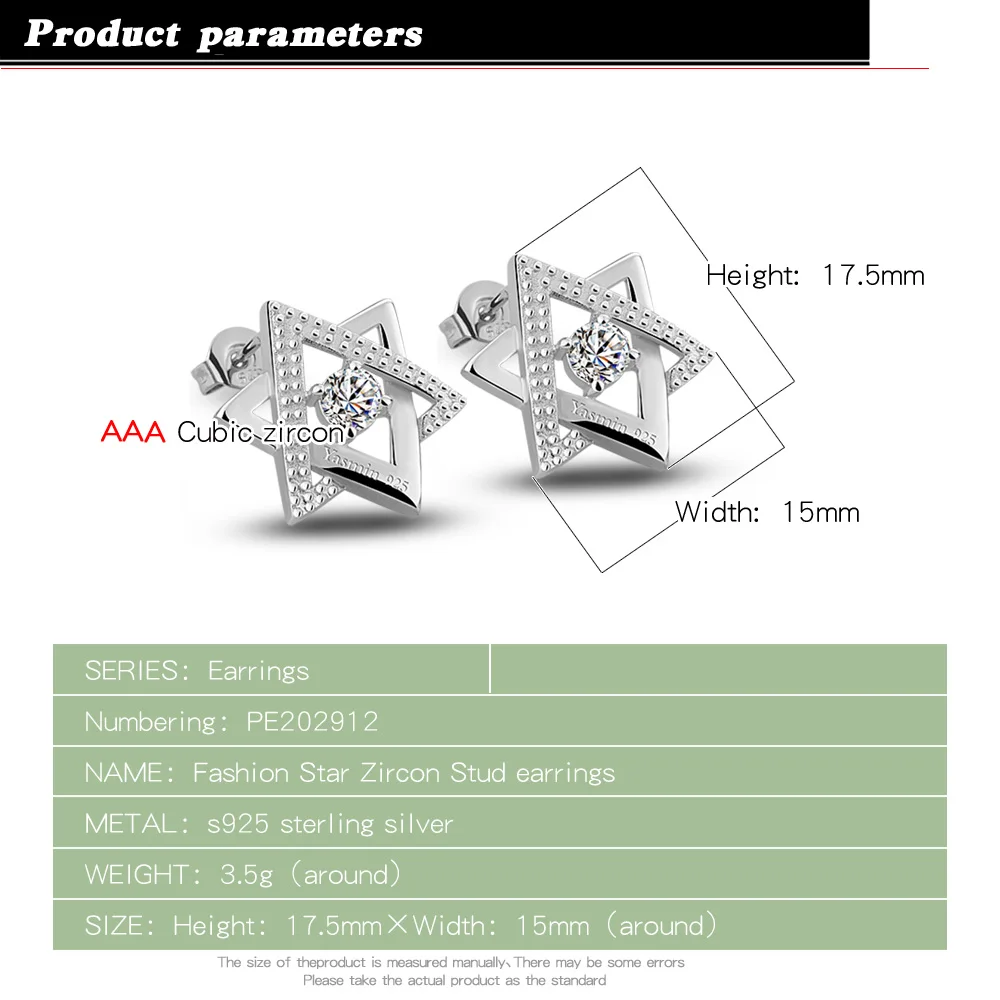 Goddess 925 Sterling Silver Hexagram Star of David Pendant Stud Earrings Women\'s CZ Zircon Earrings Fine Jewelry Party