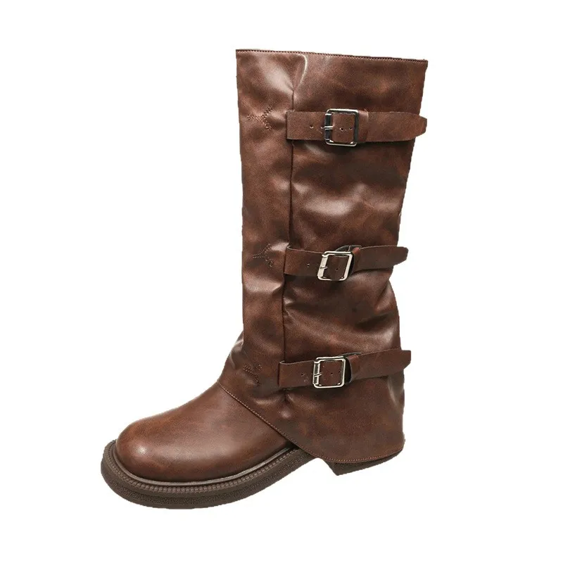 Único retro salto grosso meados de bezerro botas de cowboy ocidental botas de equitação botas de couro precoce estilo francês botas femininas