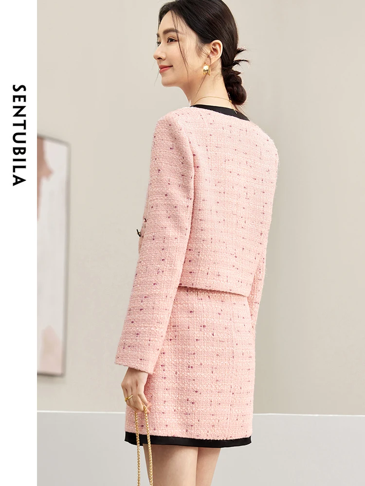 SENTUBILA Wool Blend Tweed Set Round Neck Cropped Jacket A-line Mini Skirt 2024 Spring Elegant Fashion Matching Set 141Z53440