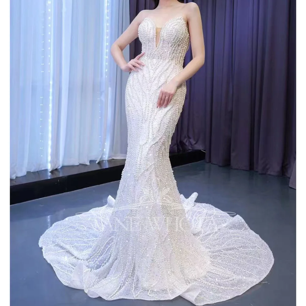 

Sweetheart Sleeveless Beaded Wedding Dress With Lace-Up Back Sheath Style Customizable Fit Sexy Bridal Gown For Women