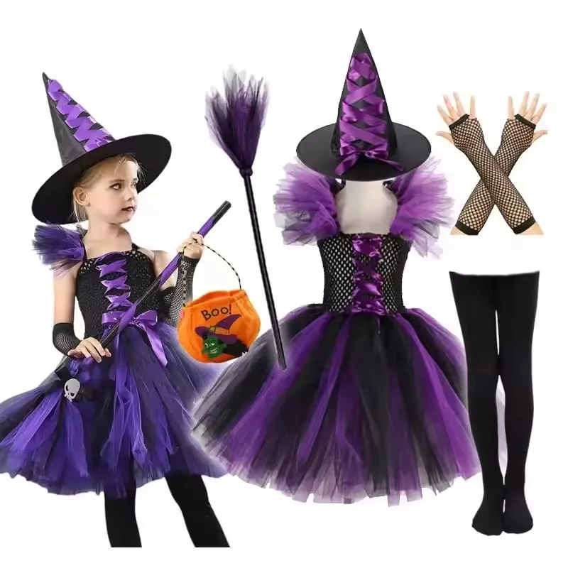 Halloween Purple Witch Girl Costume Tutu Dress Carnival Dress Up Party with Hat Vampire Cosplay Dress 2-10Y