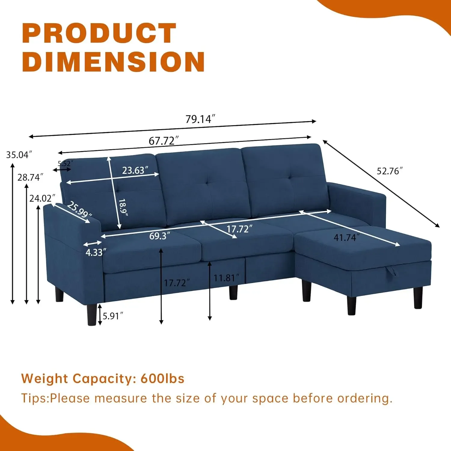 أريكة مقطعية على شكل حرف L مكونة من 3 مقاعد مع مساحة تخزين وكرسي قابل للعكس، قماش كتان لغرفة المعيشة #2