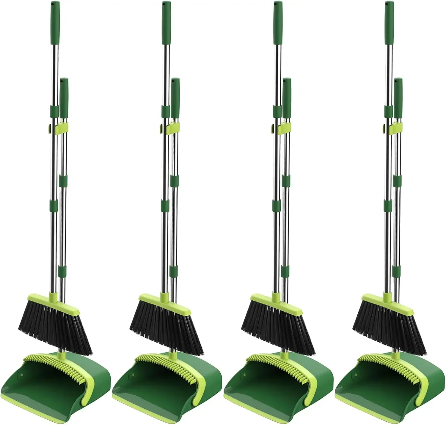 

52in Long Adjustable Handle Broom Dustpan Combo Set Auto Clean Teeth Hair Home Kitchen Office Hall Floor Green 4 Pack