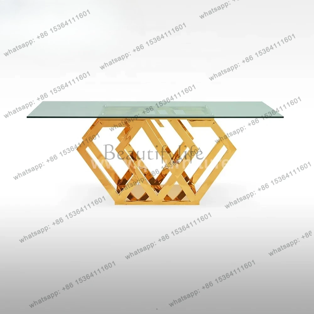 

Golden stainless steel base tempered glass top modern luxury dining furniture with 8 seater dining room table