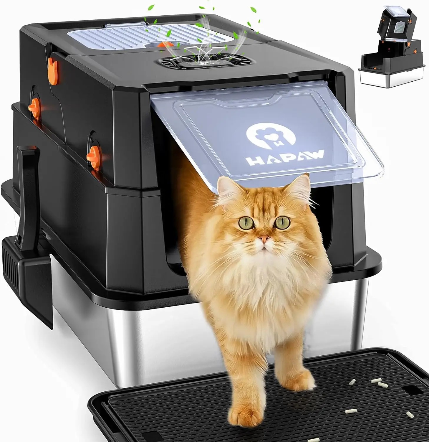 Stainless Steel Litter Box with Lid, Anti-Leak Enclosed Cat Pan, Flip-Top Dual Entry, Extra Large, Odor Free, Black