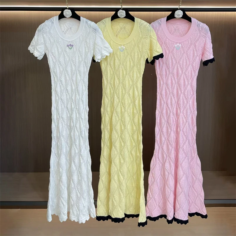 

New summer color-blocked knit crochetshort-sleeved dress for women,fashionable and casual embroidered fishtail ruffle long skirt