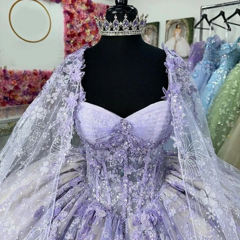 Lavender Lilac Quinceanera Dress Ball Gown Applique Beading Tulle With Cape Corset Sweet 16 Vestidos De XV 15 Anos