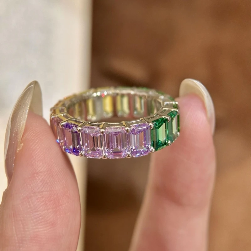 Cameo Rainbow Emerald‑Cut Cubic Zirconia Eternity Band Ring for Women 925 Silver Plated Colorful Full Stackable Finger Rings ﻿