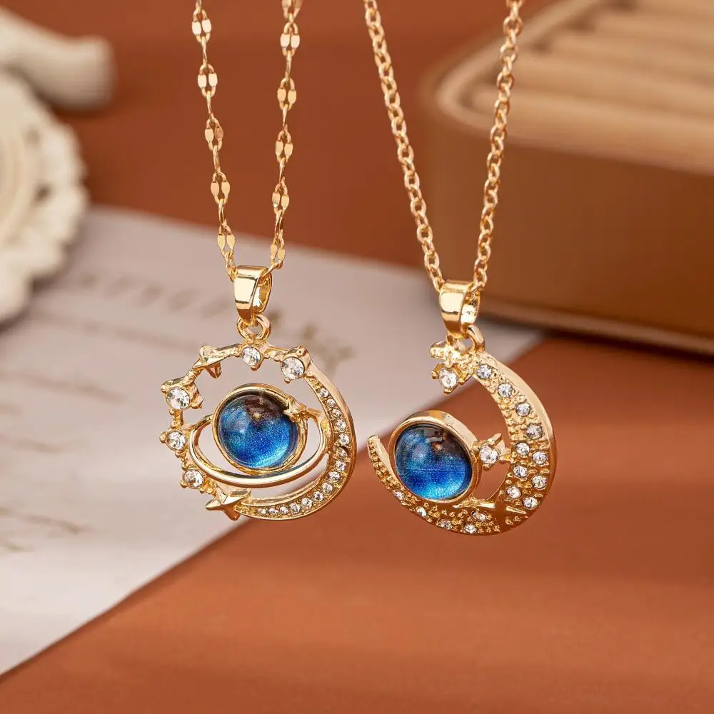Moon, Star, and Blue Planet Pendant Necklace   Fashion Gold-Plated Jewelry for Women
