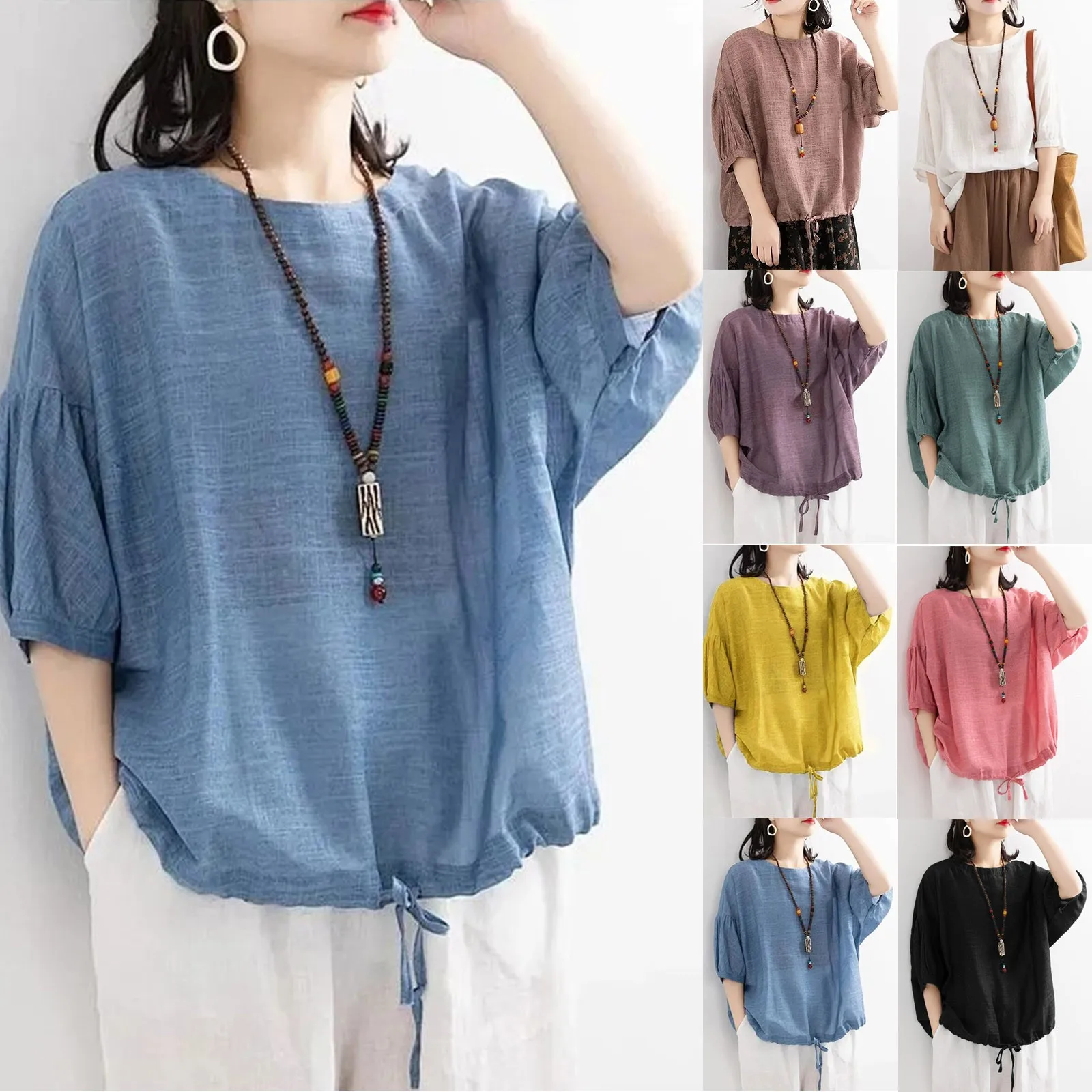 

Ethnic Style Vintage Cotton Linen Casual Shirt Summer 2023 Women O-neck Loose Fashion Blouse Tops Female Short Sleeve Blusa