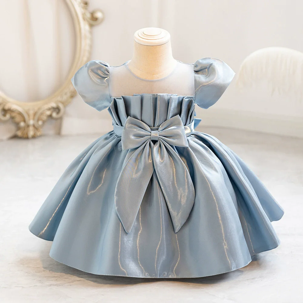 2026 Fashion Bow Baby Girl Dress Short Sleeve Solid Color Performance Evening Dress Summer Kids Girls Party Dress 1-3 Y
