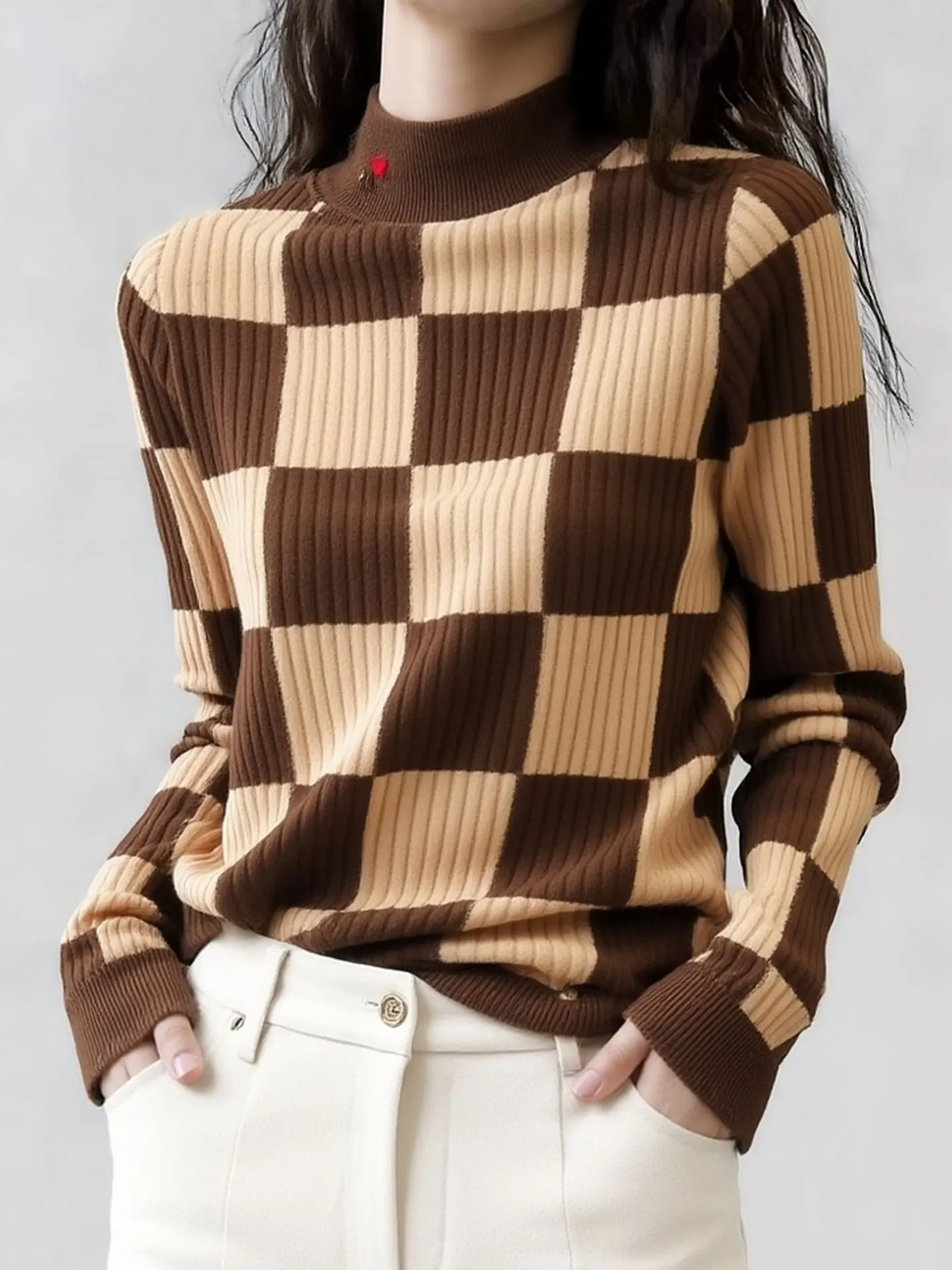 

Faionable Plaid Knitwear Long Sve f High Collar Versatile Autumn Winter Season Commute Warmth Women's Korean Sle Sw...