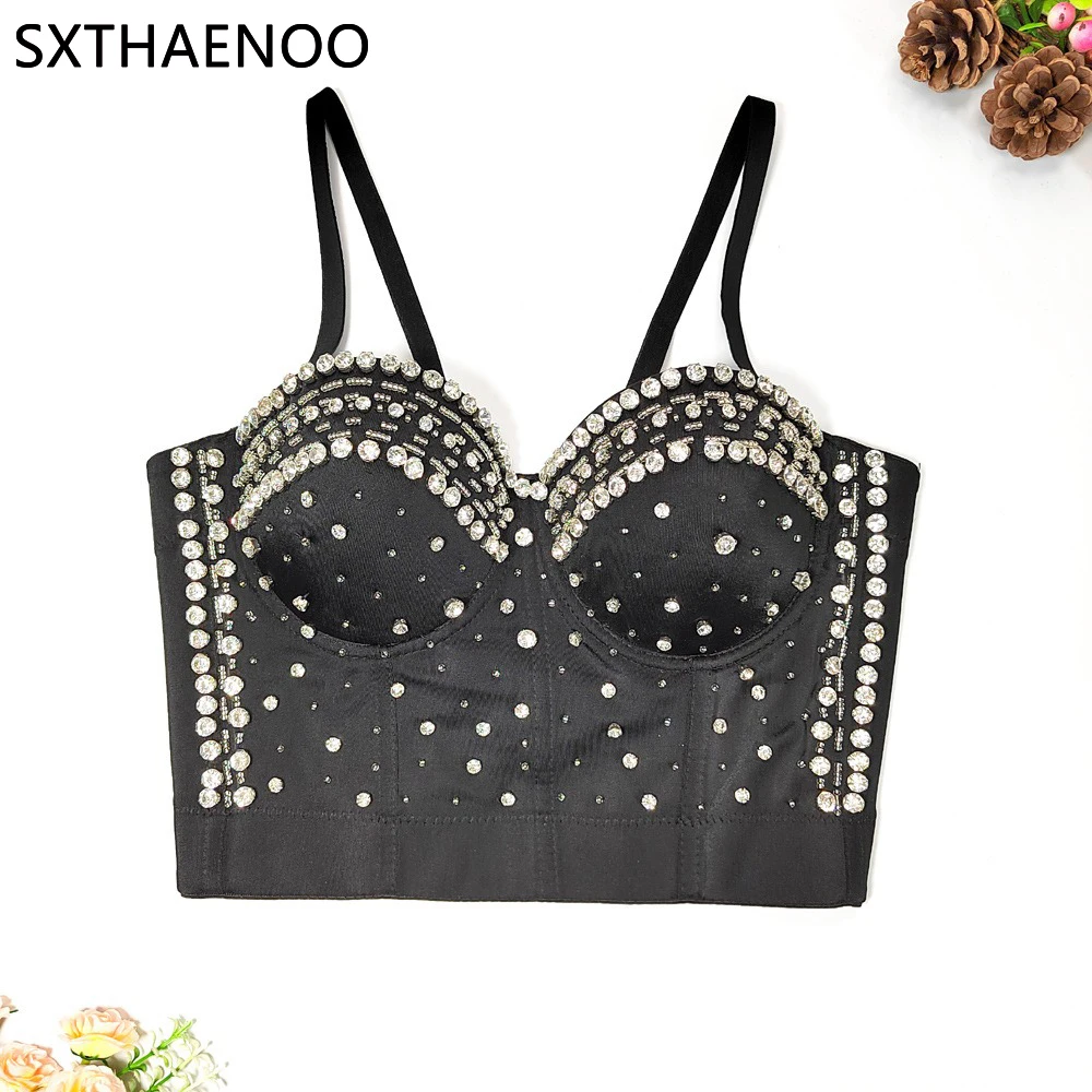 

SXTHAENOO Club Tank Top Women Bra Shaper Camis Shirt Woman Clothes Carnival Party Corset Ladies Tops Rhinestone Diamond Sequin