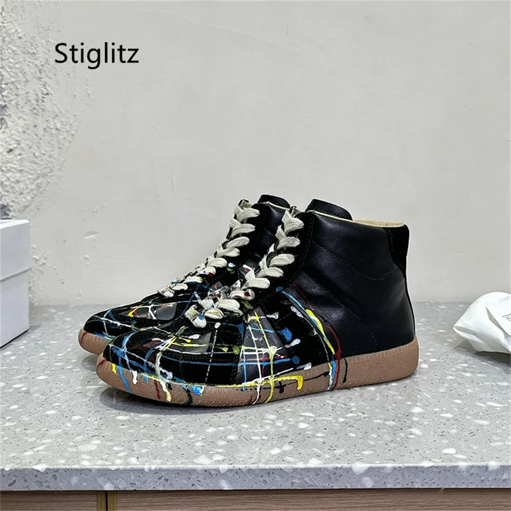 Genuine Leather High Top Sneakers Shoes Men Women Unisex Round Toe Lace Up Outdoor Walking Training Shoes Casual Couple Shoes