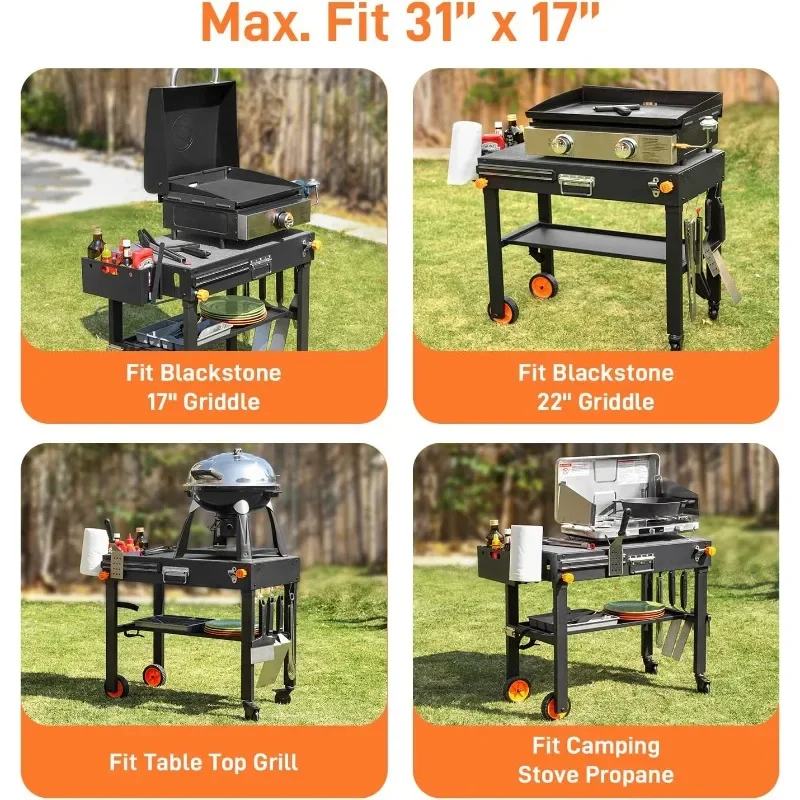 Folding Grill Cart Solid and Sturdy, Blackstone Griddle Stand Large Space, Blackstone Table with Paper Towel Holder