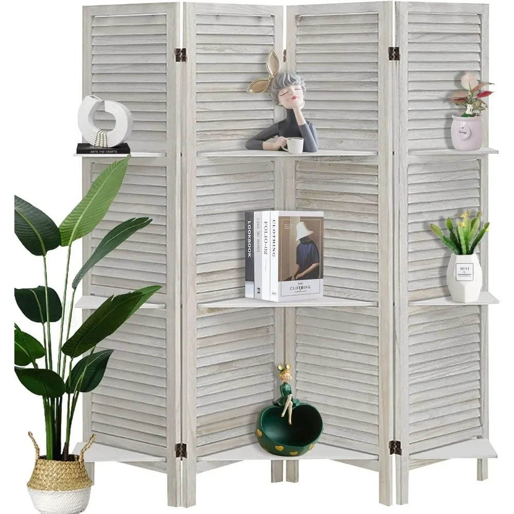 

Room Divider 4 Panel, White Room Divider with Shelves, Wall Rooms Dividers and Folding Privacy Screens