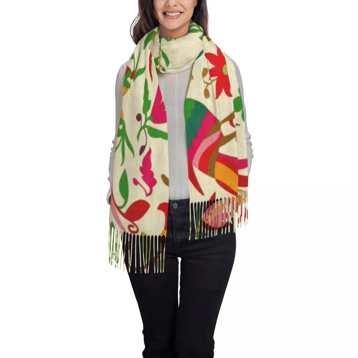 Bufanda con bordado de flores mexicanas y pájaros otomi con estampado personalizado para hombre y mujer, bufandas de invierno y otoño, chales con textura Floral popular