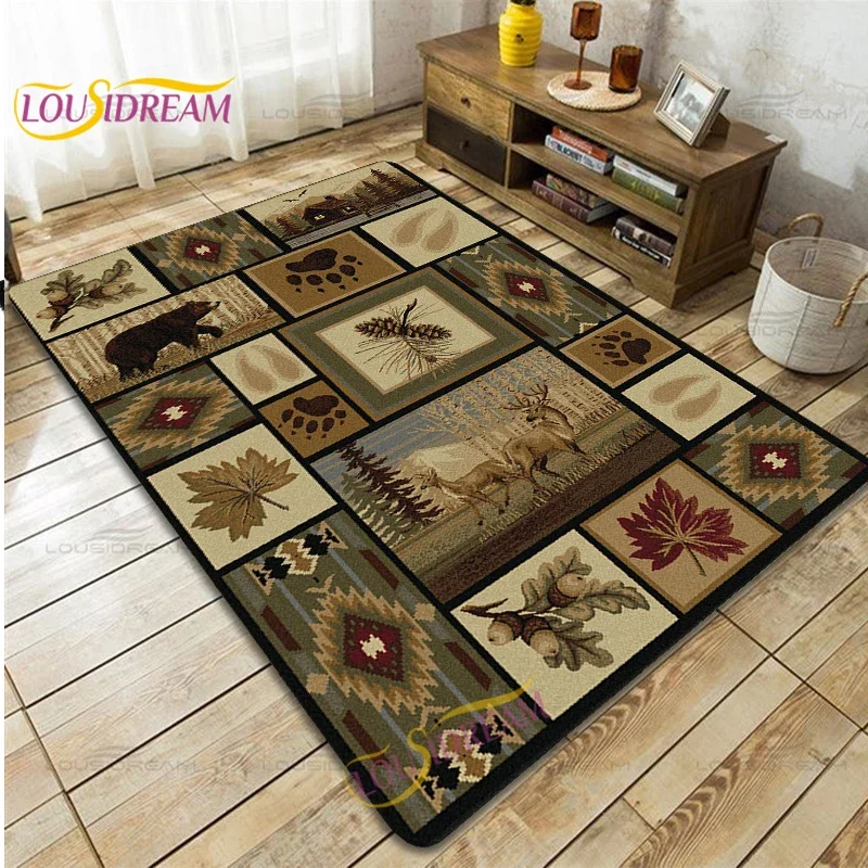 Country Style Farmhouse Lodge Bear Moose Deer Soft Rug Square Flannel Home Rug Vintage Home Living Room Floor Mats Bedroom Rug