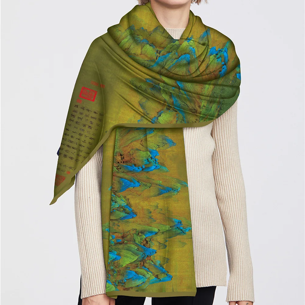 レトロ中国風二層シルクスカーフ女性用ショール、ドリフティングベルト付き、九色の鹿と千マイルの山の絵柄装飾