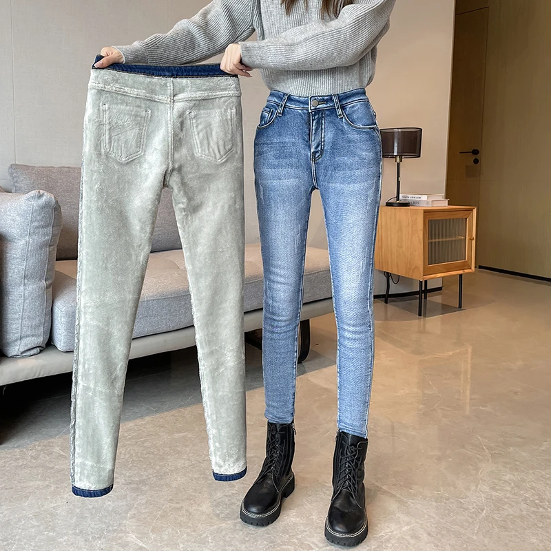 Frauen Kleidung Plüsch Jeans Stretch Verdickte Fleece Mode Denim Hosen Casual Blau Dünne Vintage Hosen Weibliche