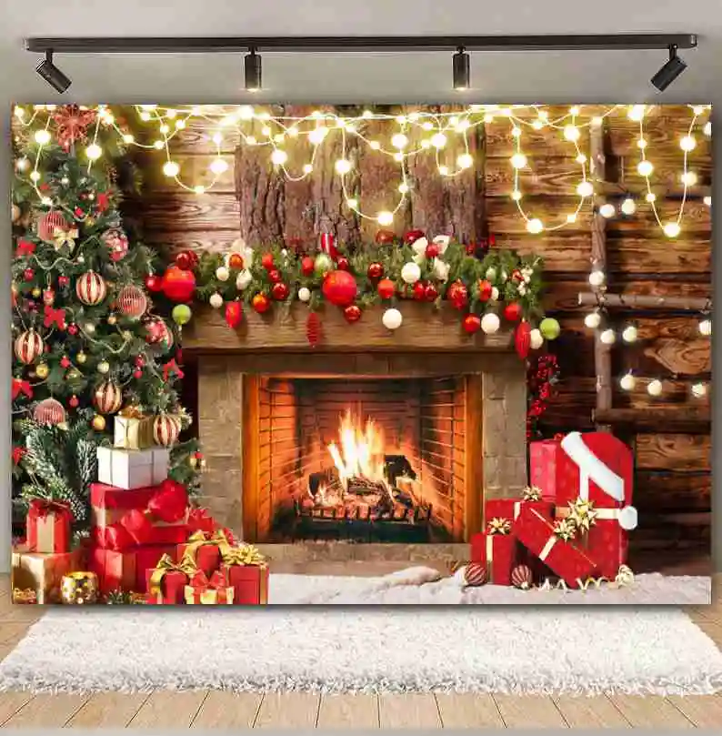 Burning Fireplace Christmas Photography Backdrops Interior Xmas Tree Gift Christmas Party Photozone Background Decor Photo Props