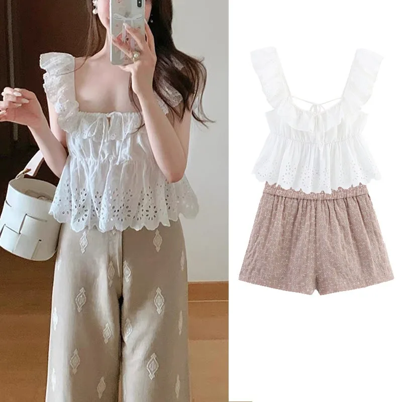 

Короткий комплект, новый женский костюм из двух предметов, белые наряды, женские комплекты с вышивкой Y2k, пляжная хлопковая пижама, одинаковые праздничные комплекты
