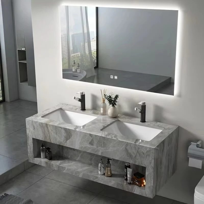 Customized Large Double Undermount Sink Vanity Bathroom Cabinet Sintered Stone Marbled Slab Niche Modern for Hotels WC Toilets