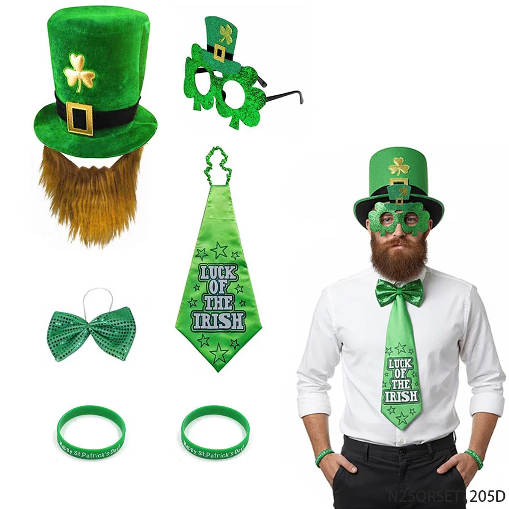 Akcesoria na Szczęśliwy Dzień Świętego Patryka: Kapelusz leprechauna, brokatowe okulary, krawat i muszka – świąteczny irlandzki zestaw do świętowania