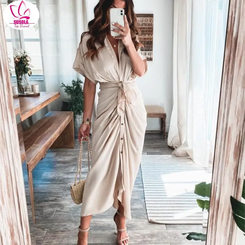 Trend Turn-down Collar Draped Party Dresses Elegant Button Office Ladies Shirt Dress Women Summer Short Sleeve Slit Long Dress