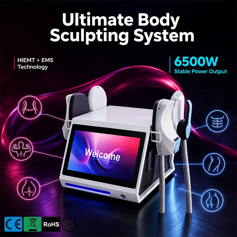 6500W EMS RF 4 Handles Optional Buttocks Fitness Equipment Body Shaping Machine High Energy Muscle Stimulation Improves Body