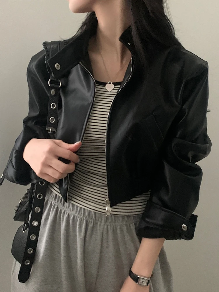 Bla PU Leder Jaet Damen ort Sle Hong Kong Sle Design Frühling Neue Oberbekleidung irt Taille Cinching Reißverschluss Sve