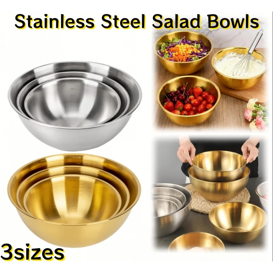 1/3pcs Stainless Steel Salad Bowl with Scale Large Capacity Flour Mixing Basin Multifunctional Bowls for Home Kitchen Essentials