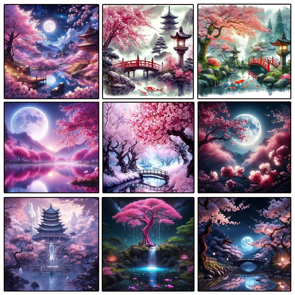 5D elmas boyama sanat tam matkaplar mozaik japon kiraz çiçekleri manzara elmas nakış ay göl taklidi ev dekor