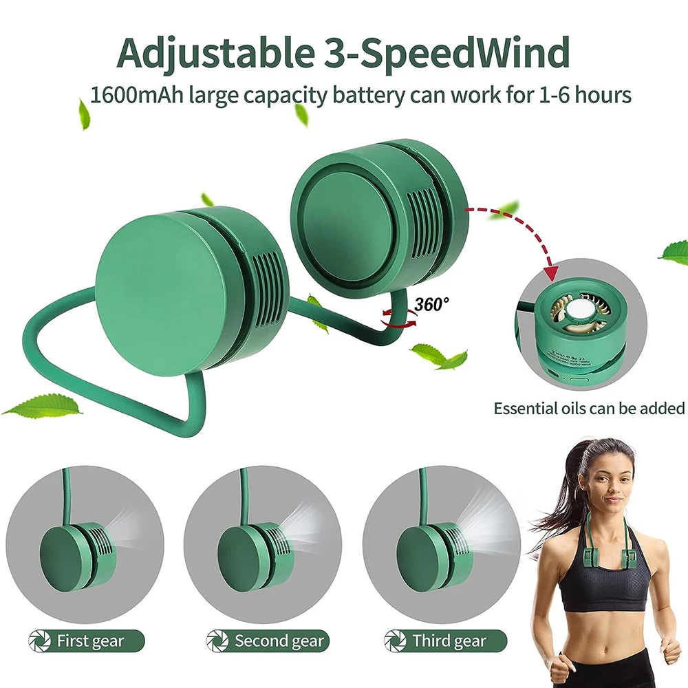 Portátil pessoal pescoço pendurado ventilador, usb recarregável, cabeça de refrigeração, 360 graus, wearable, esportes, viagens, sp