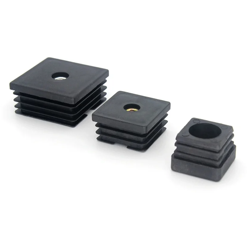 Black Plastic Square Pipe Plugs With Nut Hole Blanking End Inserts Caps Adjustable Foot Pads Furniture