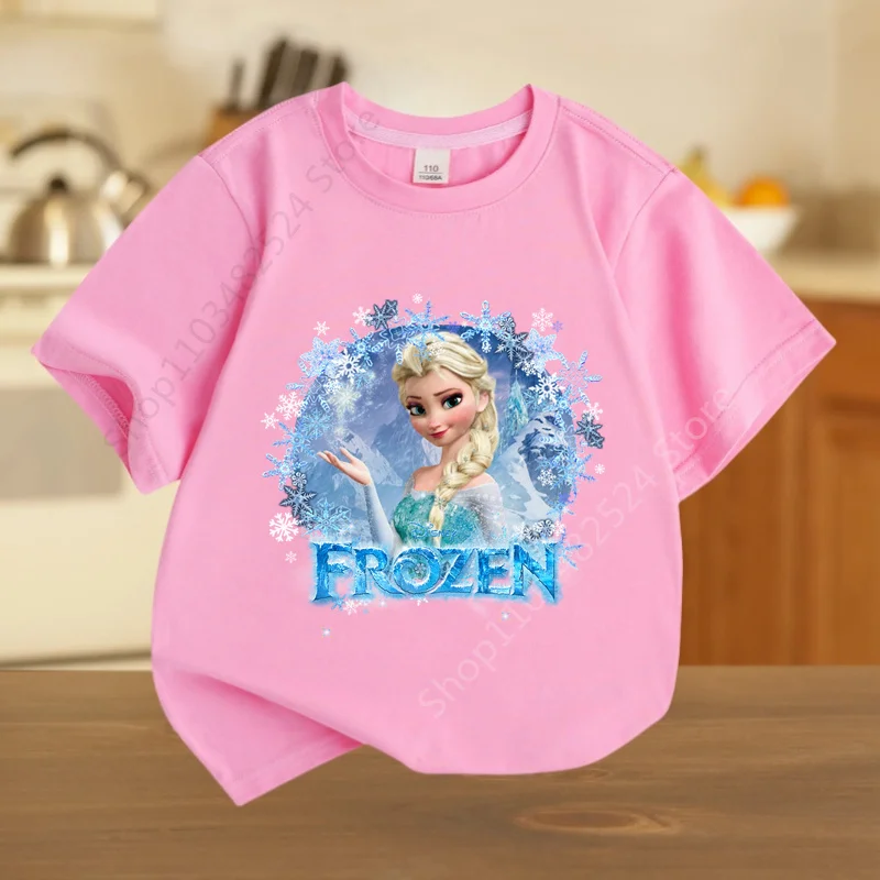 Disney Summer Cotton Playful Frozen Girl T-shirt Princess Elsa Creative Print Street Y2K Casual cotton top Outdoor sports top