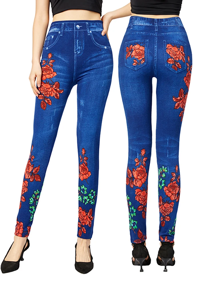 LJCUIYAO Women's Faux Jeans Sexy Slim Fit Skinny Workout Leggings Elegant Ladies Fake Denim Front Back Floral Print Pencil Pants