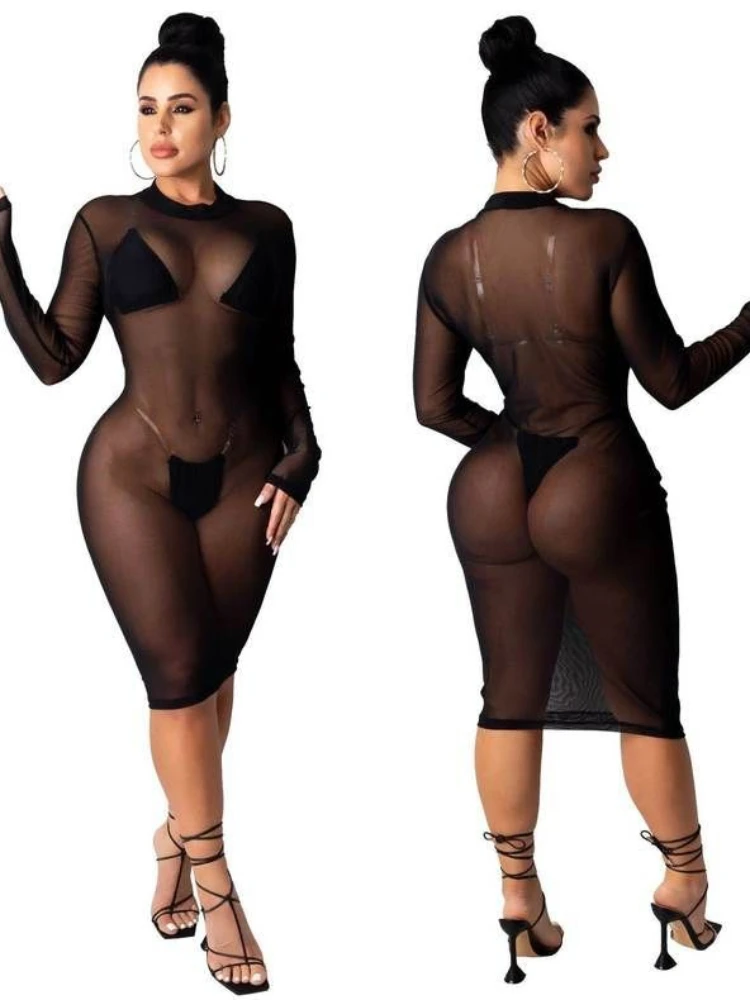 

Women's Black Sheer Mesh Long Sleeve Bodycon Midi Sleep Dress -High Neck See-Through Nightgown, Slim Fit Sexy Lingerie Nightwear