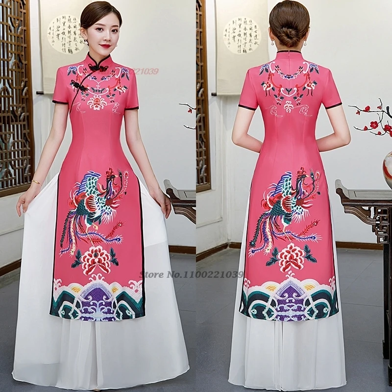 Robe chinoise qipao améliorée, vintage, imprimé phénix, vietnam ao dai, robe de soirée élégante, robe de banquet orientale, 2025