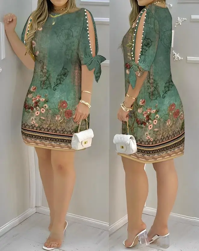 Mini vestido floral com estampa tribal feminina, gola chique, saia curta, mangas divididas, decoração de pérolas, mangas meia, mais recente,