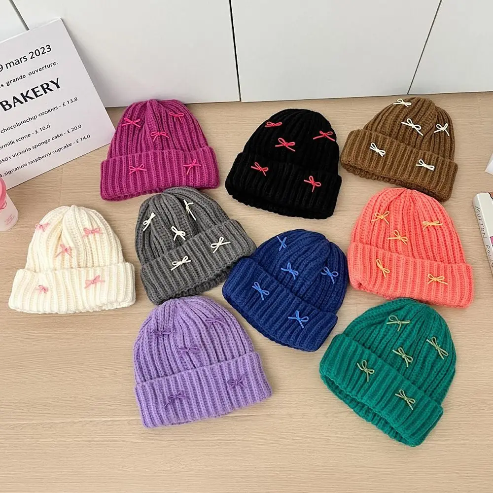 Thick Bow Knit Beanies Warmth Ear Protection Revealing Face Small Woolen Pullover Caps Anti-Cold Breathable Ear Protection Caps