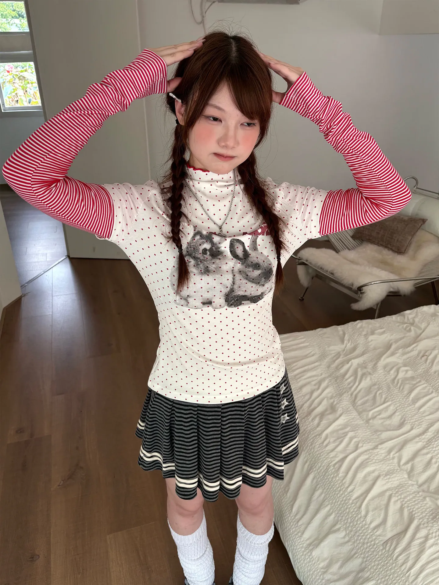 2000s Y2K Japan Academy Stripe Pleated Skirts Black Gray A-Line Mini Skirt with Star Print Spring Casual School Style Half Skirt